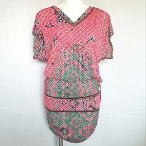 Hale Bob Pink Green Snake Print V-neck Tie Ruched Dress XS